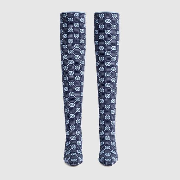 Gucci Knee High Boots 37/ US 7 GG Supreme Blue Knit Socks Pull On NIB - Picture 5 of 13